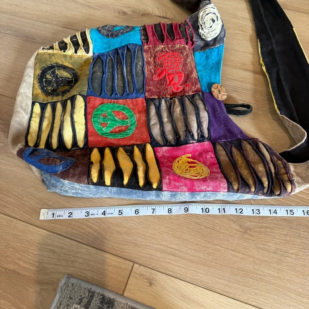 Colorful Patchwork Colorful Shoulder Hobo Bag Boho Peace Elephant Artsy Cotton